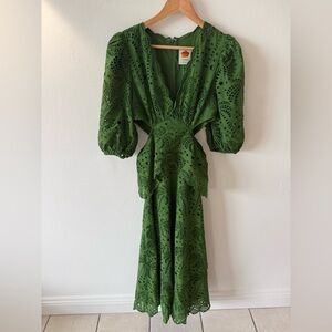 FARM Rio Green Eyelet Long Sleeve Dress